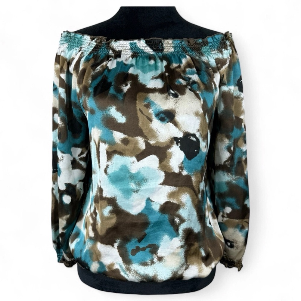 Larry Levine Signature Blouse Womens Petite Size PM Brown Turquoise